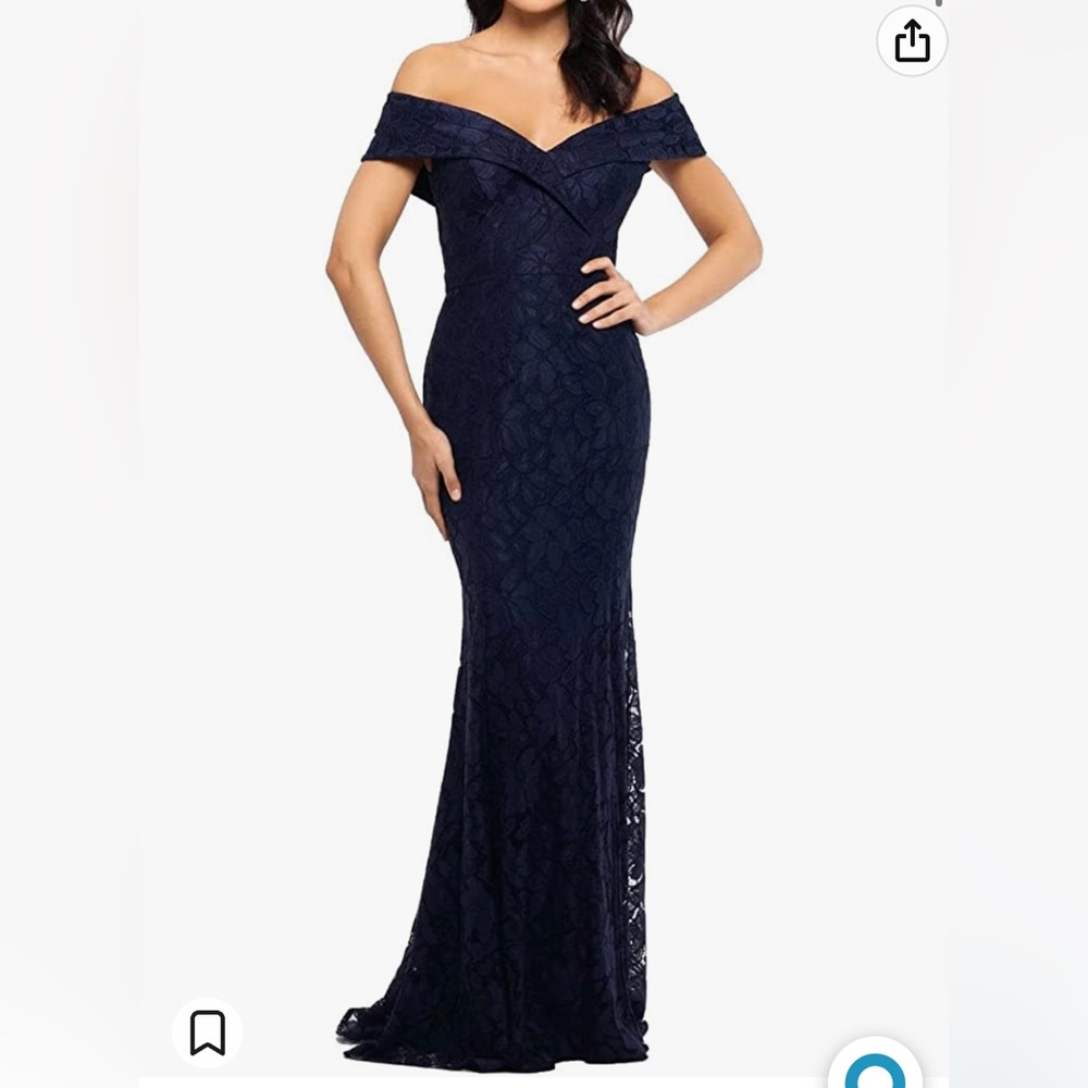 Xscape Women's Dress Navy Off Shoulder Lace Floral Gown - Blue